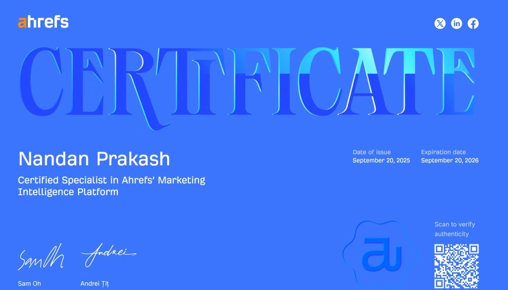 Ahrefs Marketing Intelligence Platform Certificate